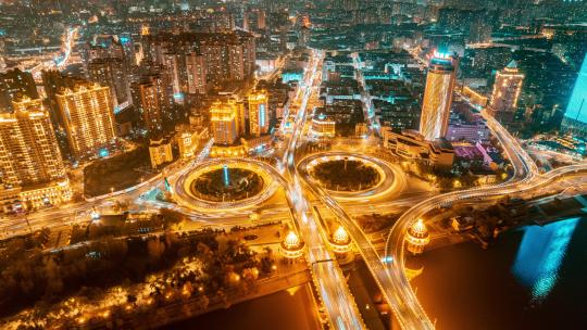 中国哈尔滨松花江公路大桥夜景航拍延时