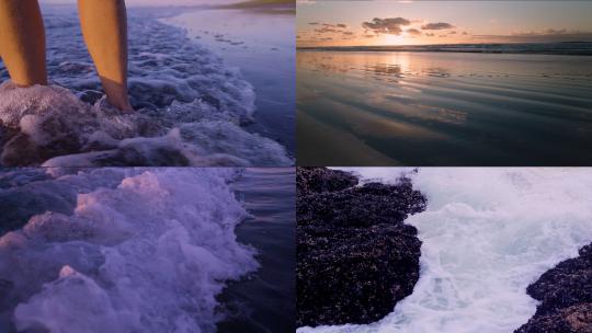 海边行走海浪冲刷礁石海虹海蛎子大海夕阳