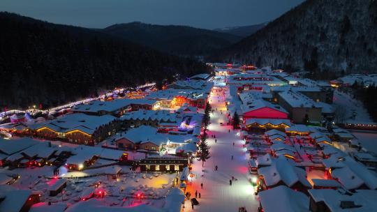 黑龙江雪乡冬季夜景风光航拍