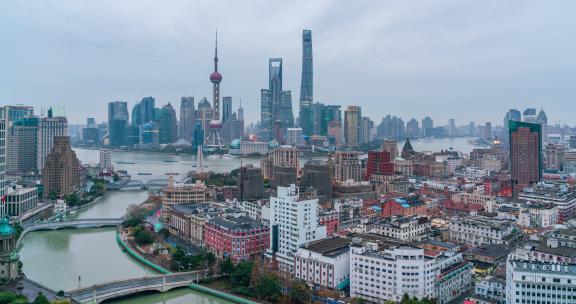 上海苏州河高视角清晨上摇镜头延时
