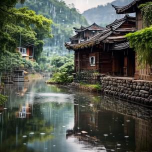 山村房檐上的雨水滴了一整夜