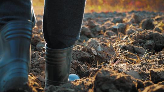农民行走在田间地头的靴子视频素材模板下载