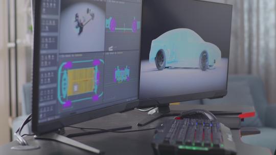 两台台式电脑显示器的特写显示了电动汽车的3D模型视频素材模板下载
