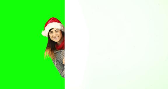 美女黑发在圣诞帽显示白色海报4k