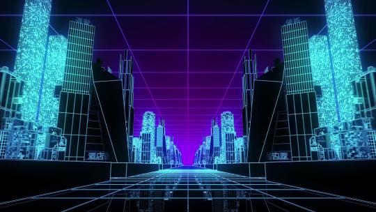 3D霓虹灯未来建筑发光城市背景