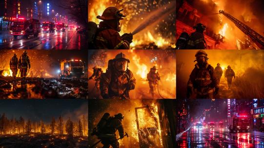 高楼森林火灾消防员英勇灭火高清在线视频素材下载