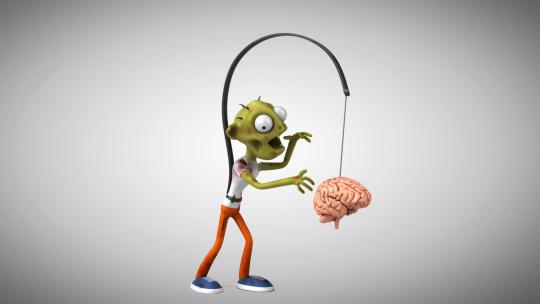 有趣的3D卡通僵尸在大脑后行走