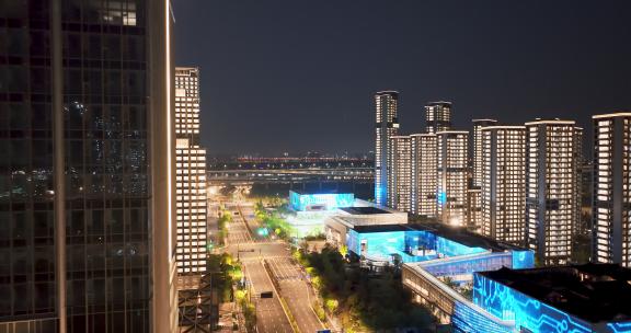 杭州亚运会亚运村城市建筑晚上亮灯夜景航拍