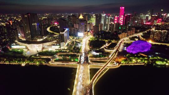 中国辽宁沈阳浑河两岸城市夜景航拍