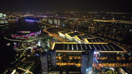 航拍江苏苏州国际博览中心夜景