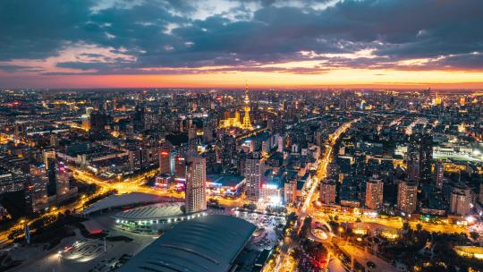 中国哈尔滨城市夜景延时航拍