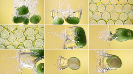 香水柠檬青柠檬落水掉水入水泼水升格实拍高清在线视频素材下载