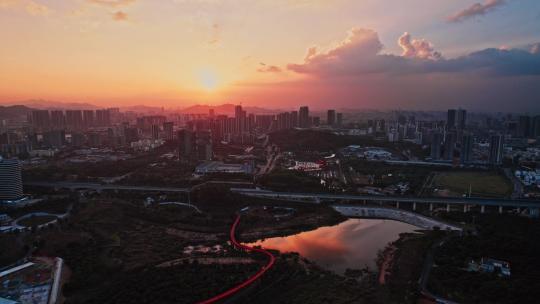 4K航拍深圳光明虹桥公园日落夜景视频素材模板下载
