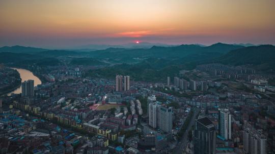 航拍怀化城市日落夕阳晚霞延时