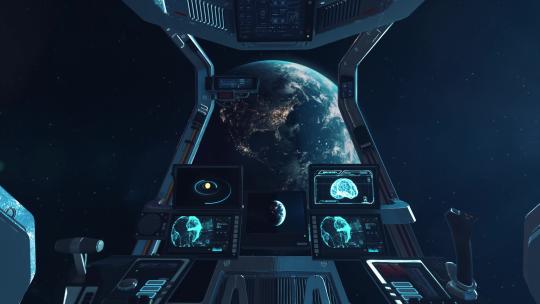 地球上空的未来科幻宇宙飞船驾驶舱的视图4K