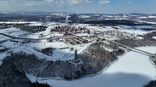 白山市抚松县城市建筑航拍冬季雪原风光