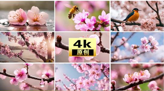 桃花蜜蜂小鸟高清在线视频素材下载