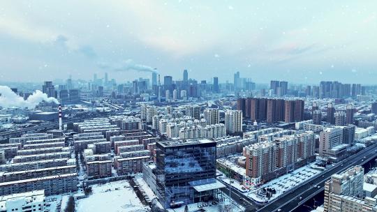 辽宁沈阳冬季雪天城市风景建筑航拍