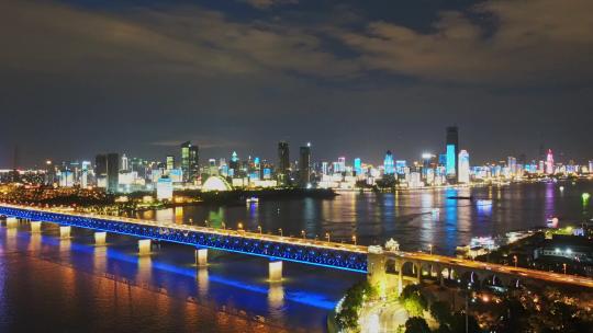 武汉长江大桥夜景航拍延时