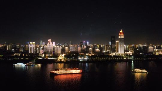 航拍武汉城市夜景灯光秀知音号长江游船江景