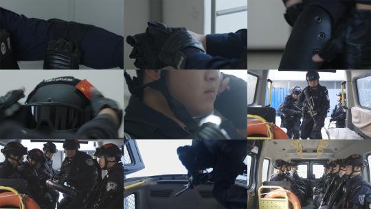 公安特警穿装备集合上车出警（含灰片视频）高清在线视频素材下载