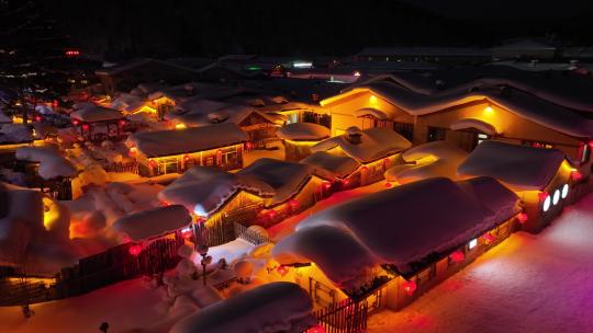 黑龙江雪乡冬季夜景风光航拍视频素材模板下载