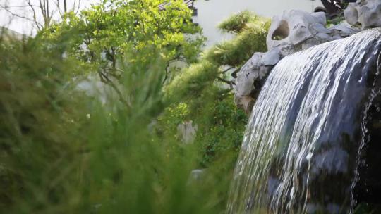 中式园林花园公园假山瀑布流水景