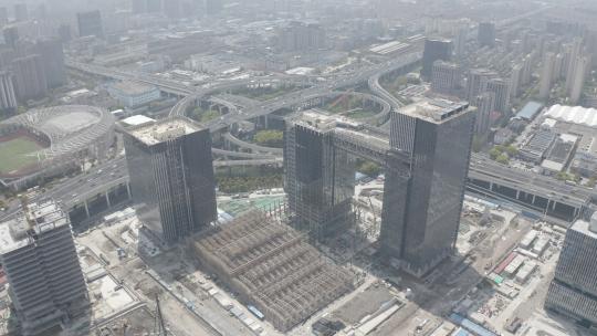 航拍上海建设中的城市建筑