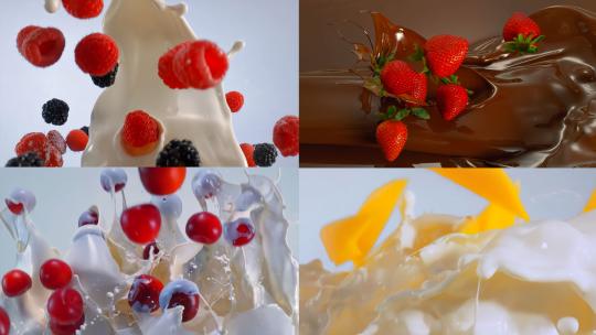 树莓牛奶黄桃草莓巧克力蓝莓酸奶雪糕美食视频素材模板下载