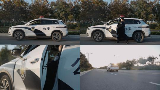 公安警察上车出警警车在路上行驶高清在线视频素材下载