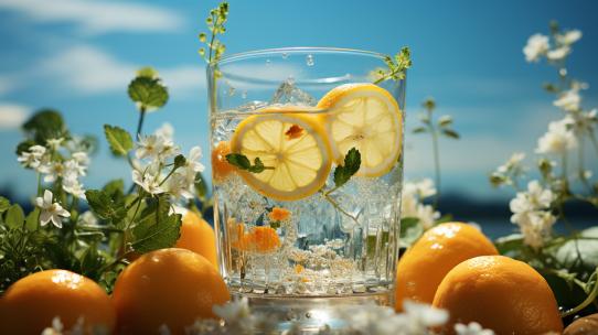 柠檬水果饮料特写冰块气泡水玻璃杯广告饮品