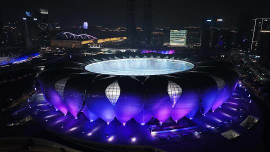 4K航拍杭州奥体中心体育场夜景