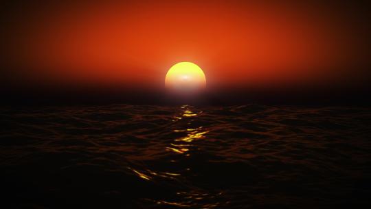 红色夕阳落入海中大海波浪起伏