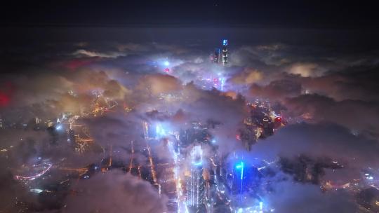 上海航拍夜景航拍中国上海平流雾陆家嘴外滩