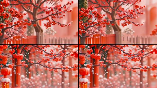 AI唯美冬日梅花盛开鸟儿站在树枝上高清在线视频素材下载