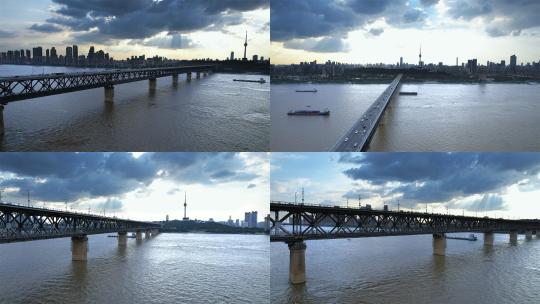 航拍武汉长江大桥傍晚厚云层云朵高清在线视频素材下载