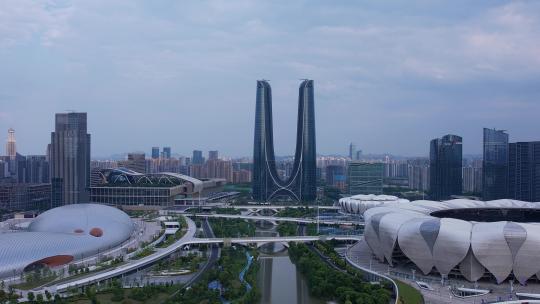 杭州亚运会奥体中心杭州之门航拍视频素材模板下载