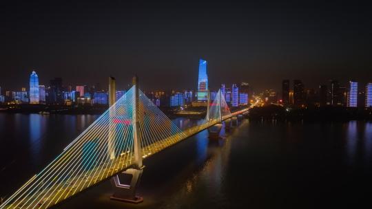武汉长江二桥夜景灯光秀航拍视频素材模板下载