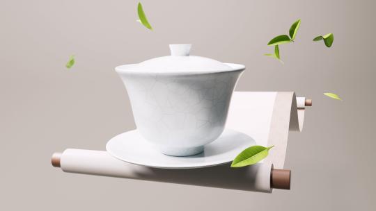 中国风茶壶茶杯与茶叶三维渲染