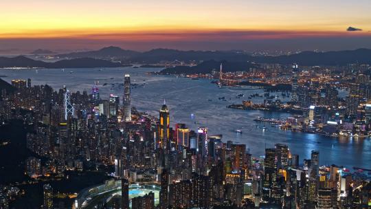 航拍中国香港维多利亚港蓝调夜景大景