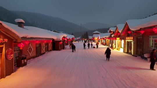 黑龙江雪乡冬季夜景风光航拍