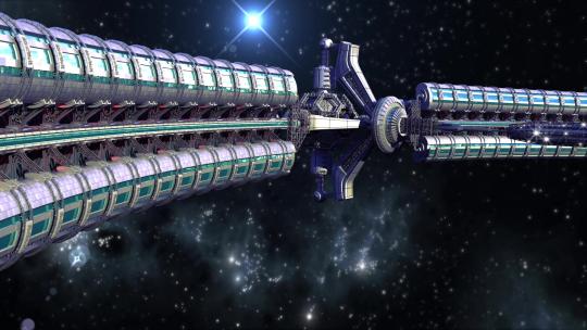 星际旅行中带有中央圆顶和引力轮的外星飞船视频素材模板下载