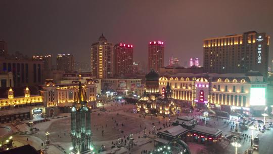 中国哈尔滨圣索菲亚大教堂广场夜景航拍