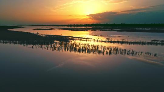 夕阳黄河落日-河面湿地