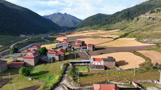 航拍川西高原贡嘎山乡上城子村藏式民居田园