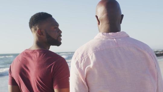 非裔美国人高级父亲和成年儿子在海滩上散步和交谈的视频视频素材模板下载