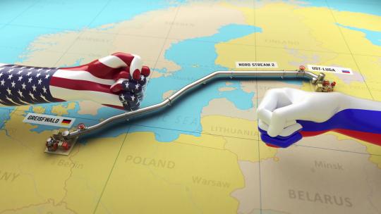 地图上俄罗斯和德国之间北溪2号天然气管道建筑的3D渲染。美俄之间的天然气经济战争显示为带有美国和俄罗斯国旗纹理的两个拳头