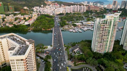 航拍海南三亚游艇旅游中心与帆船港帆船