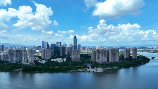航拍广东惠州惠城区东江两岸江景建筑群街景