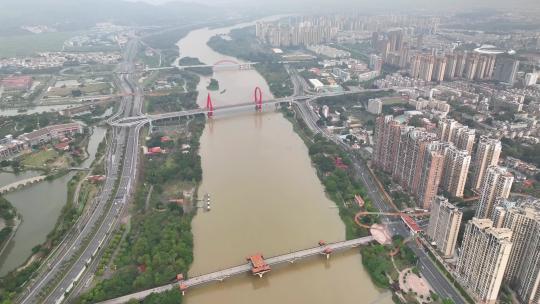 航拍福建漳州九龙江四桥城市风光